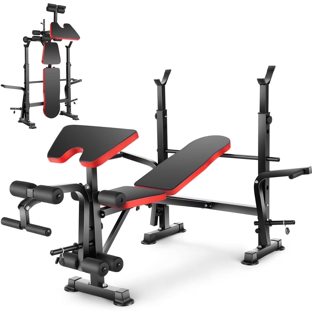 6-In-1 Adjustable Weight Bench, 660Lbs Foldable Workout Bench Set with Barbell Rack & Leg Developer & Preacher Curl Rack, Multi-Function Strength Training Bench Press Exercise Equipment
