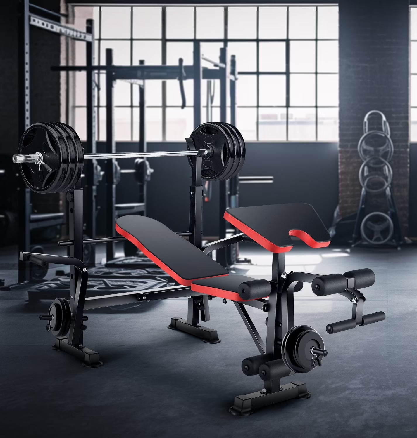 6-In-1 Adjustable Weight Bench, 660Lbs Foldable Workout Bench Set with Barbell Rack & Leg Developer & Preacher Curl Rack, Multi-Function Strength Training Bench Press Exercise Equipment