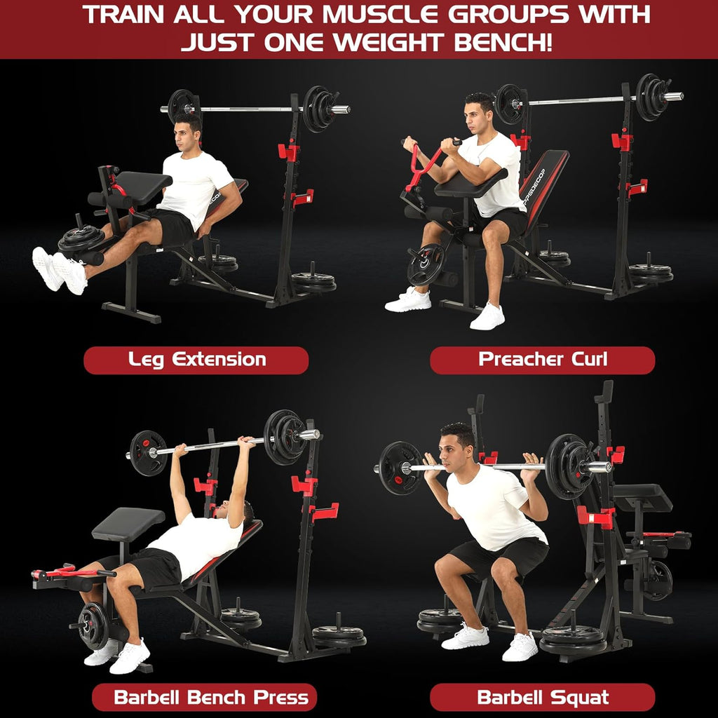 900LBS Weight Bench Set with Squat Rack Preacher Curl Weight Bench with Leg Extension Bench Press Set Workout Bench for Home Gym Full Body Workout