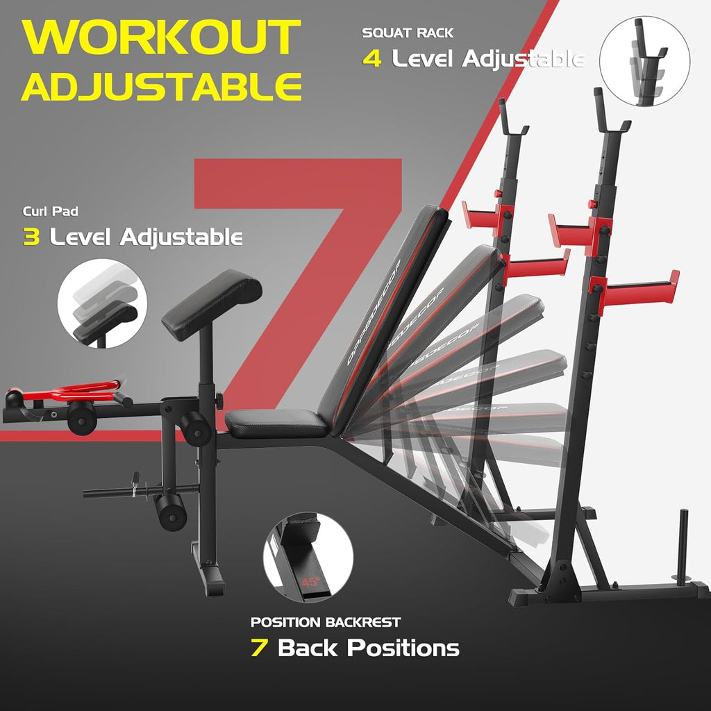 900LBS Weight Bench Set with Squat Rack Preacher Curl Weight Bench with Leg Extension Bench Press Set Workout Bench for Home Gym Full Body Workout