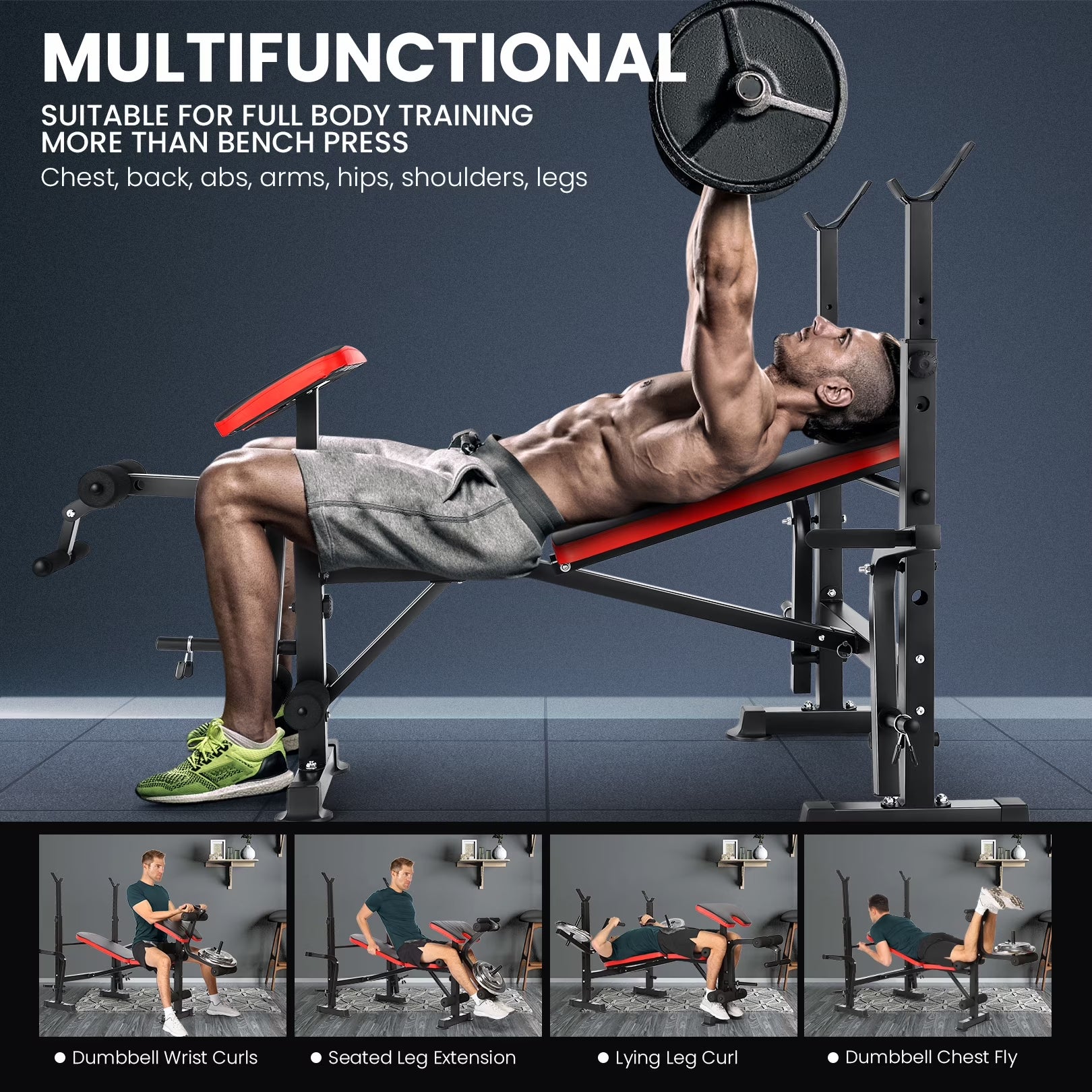 6-In-1 Adjustable Weight Bench, 660Lbs Foldable Workout Bench Set with Barbell Rack & Leg Developer & Preacher Curl Rack, Multi-Function Strength Training Bench Press Exercise Equipment
