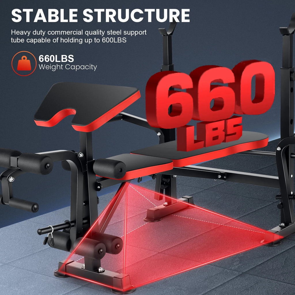 6-In-1 Adjustable Weight Bench, 660Lbs Foldable Workout Bench Set with Barbell Rack & Leg Developer & Preacher Curl Rack, Multi-Function Strength Training Bench Press Exercise Equipment